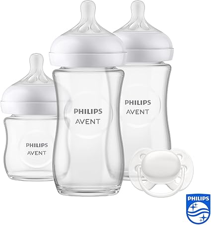 Philips Avent Kit biberons en verre pour nouveau-né – 3 biberons à Réponse Naturelle, sucette ultra-douce 0 à 6 mois, sans BPA