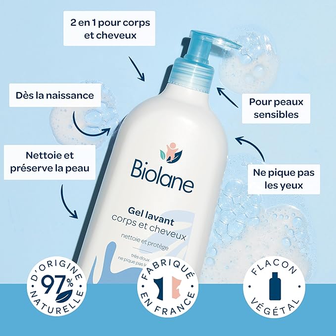 BIOLANE - Gel douche bebe corps et cheveux 2 en 1 - 750ml - 97% Origine Naturelle - Doux - Peaux Sensibles