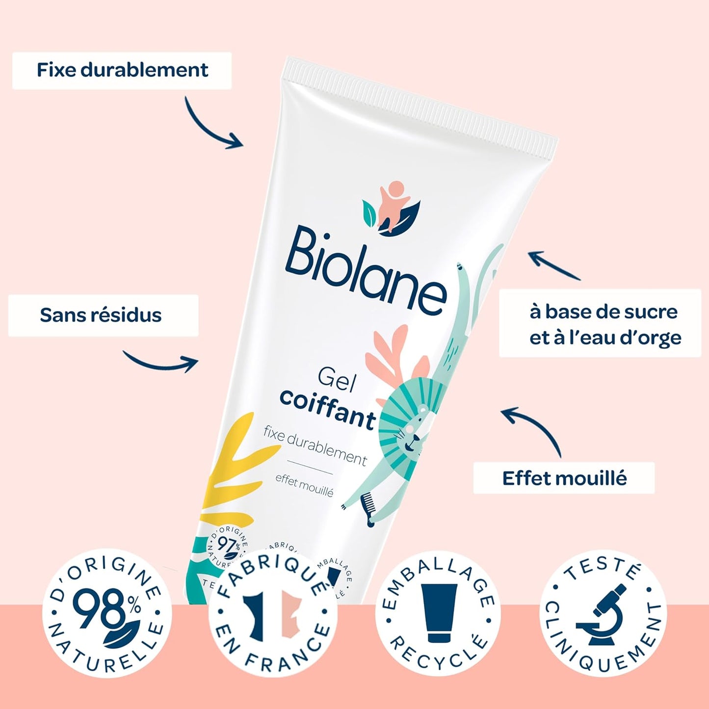 BIOLANE - Gel Cheveux Coiffant - Bébé - Effet Mouillé - Fixe les Cheveux Fins - Coiffure - Ingrédients Naturels - 100ml