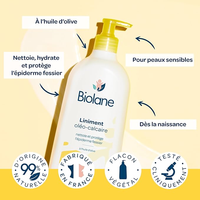 BIOLANE – Liniment oleo calcaire Bébé 300 ML– Nettoyant sans rinçage – 98% Origine naturelle – Peaux Sensibles - Nettoie et protège le siège de bébé