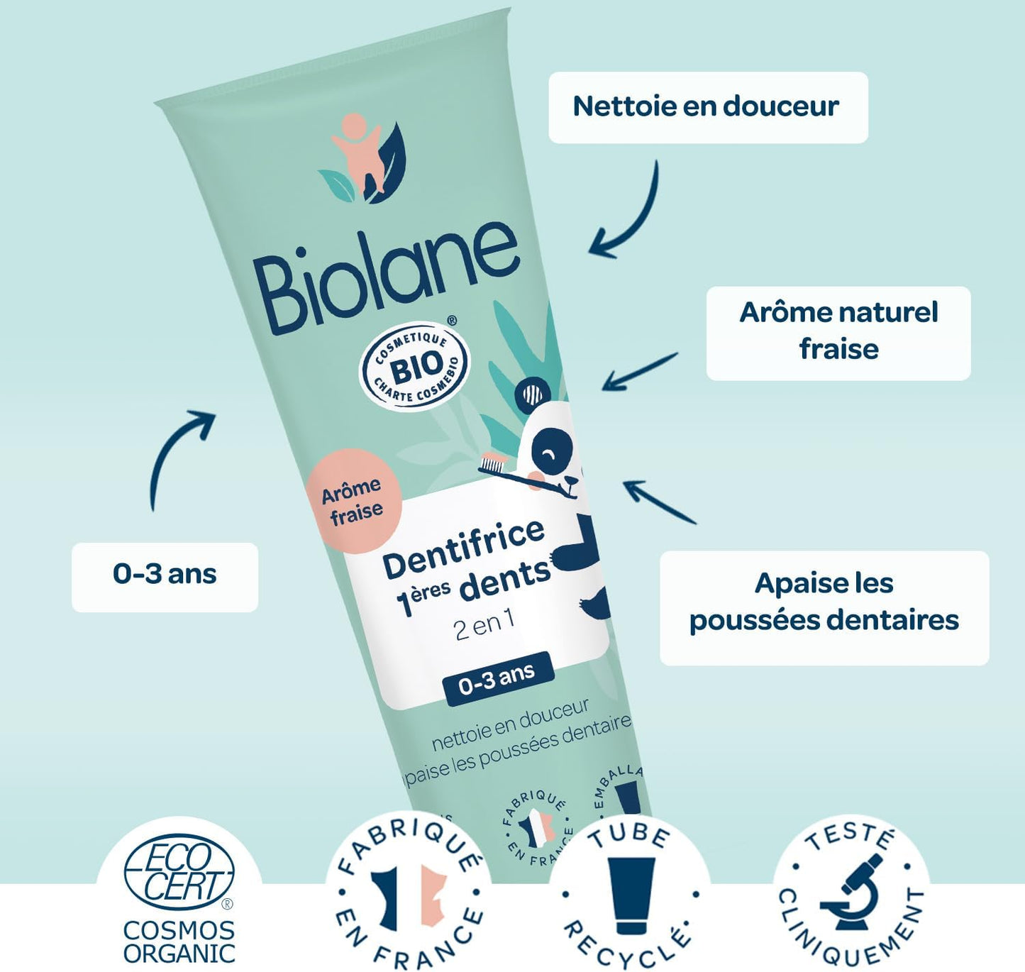 Biolane - Dentifrice Bebe 2en1 - Nettoie les 1eres dents - Apaise les poussées dentaires - Sans Fluor