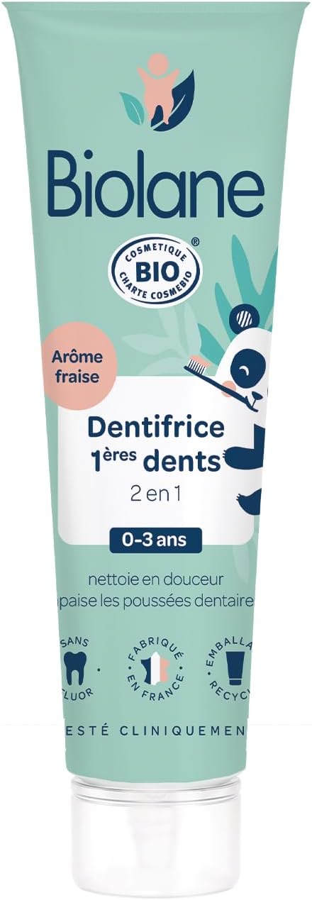 Biolane - Dentifrice Bebe 2en1 - Nettoie les 1eres dents - Apaise les poussées dentaires - Sans Fluor