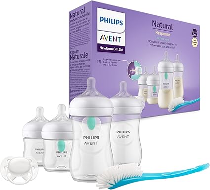 Philips Avent Kit biberons avec valve AirFree pour nouveau-né – 4 biberons à Réponse Naturelle, sucette ultra-douce et goupillon pour les bébés âgés de 0 à 12 mois