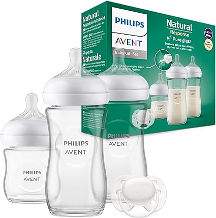 Philips Avent Kit biberons en verre pour nouveau-né – 3 biberons à Réponse Naturelle, sucette ultra-douce 0 à 6 mois, sans BPA