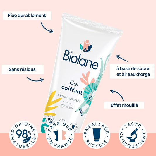 BIOLANE - Gel Cheveux Coiffant - Bébé - Effet Mouillé - Fixe les Cheveux Fins - Coiffure - Ingrédients Naturels - 100ml
