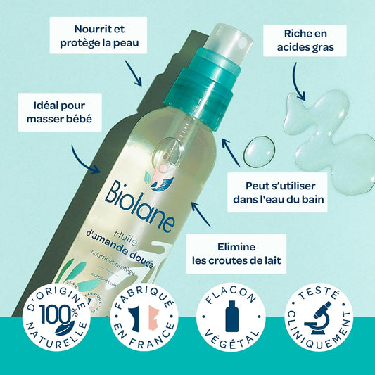 BIOLANE - Huile d'amande douce - Bébé -Protège la peau - Vitamine E - Soin - Bain - Massage - 100% d'origine naturelle