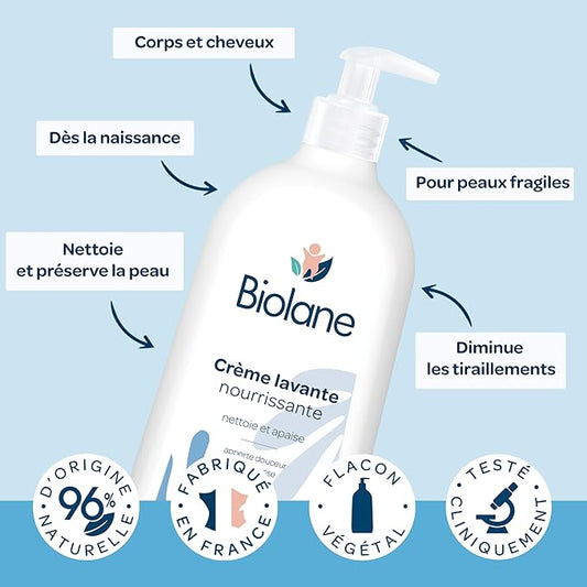BIOLANE Crème lavante nourrissante 750 ML - Corps et Cheveux - Peau Sensible – Flacon-pompe