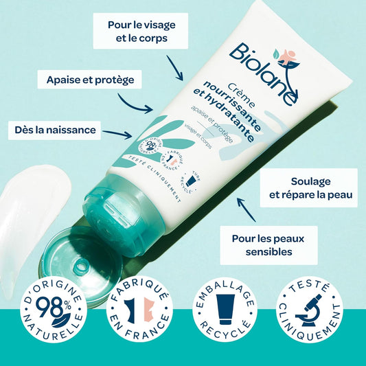 BIOLANE – Crème Nourrissante et Hydratante - Bébé Visage et Corps - Apaise et Protège la peau - 98% d'origine naturelle - 100 ml